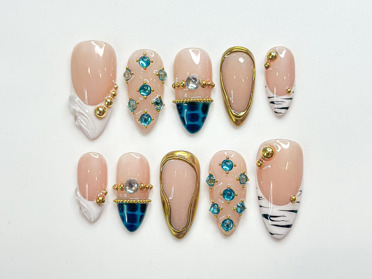 Blue Gem Nude Press On Nails for Luxury Women Modern Gold Press Ons Almond Luxury Nails