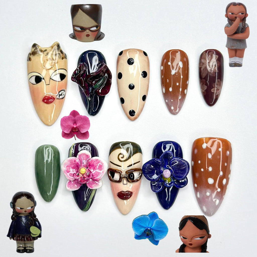 Vintage Doll Face Press On Nails, Abstract Portrait Nail Art, 3D Orchid Nails, Indie