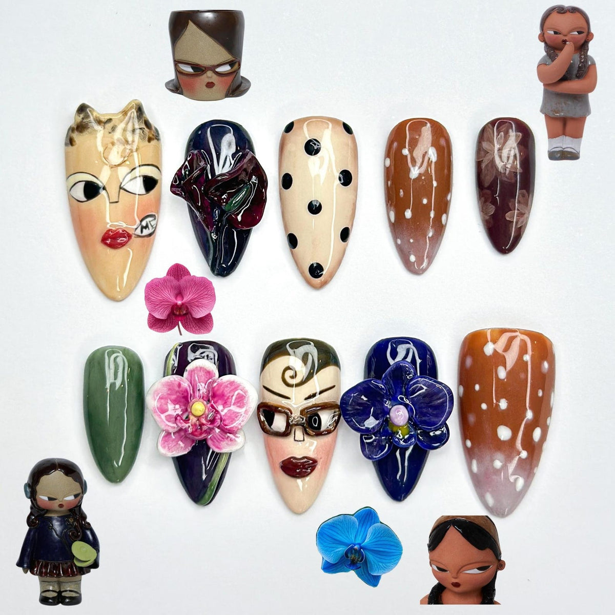 Vintage Doll Face Press On Nails, Abstract Portrait Nail Art, 3D Orchid Nails, Indie