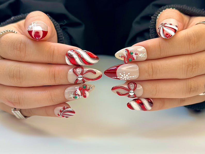 Christmas Candy Cane Press On Nails by DoryNails Red Chrome Bow & Snowflake Nail Art Holiday Party Nails Gift for Her
