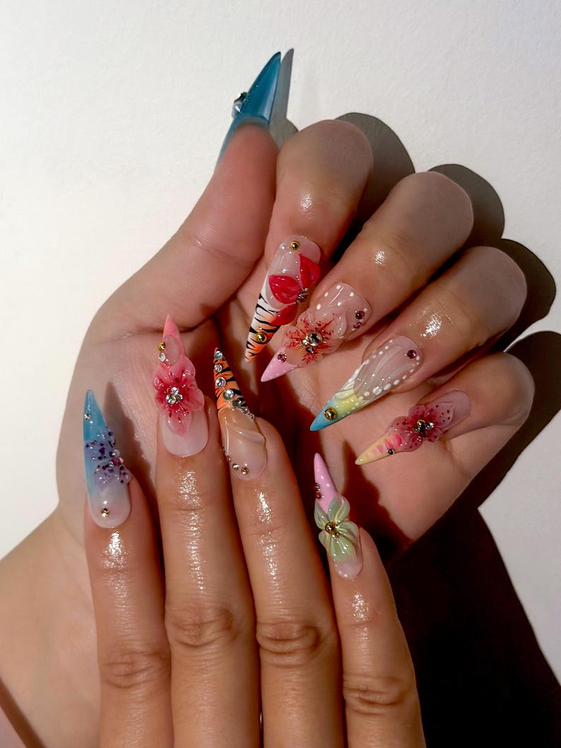 Spring Blossom Fantasy Press On Nails Colorful Floral Spring Nails Pastel Garden