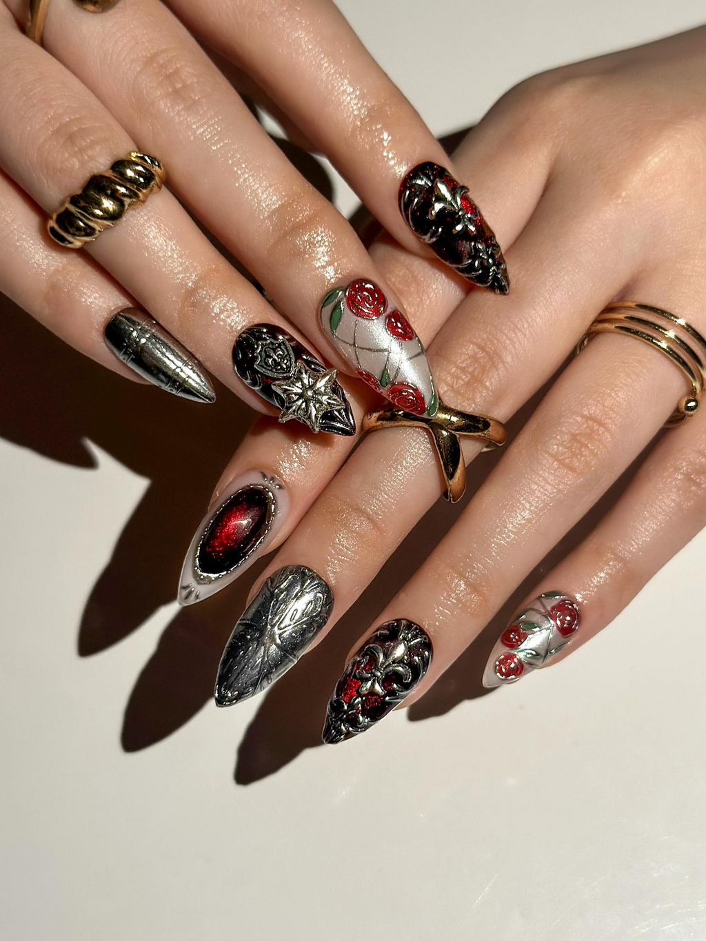 Gothic Rose Black Press On Nails Dark Red Black Luxury Nail Art Baroque Armor Stiletto