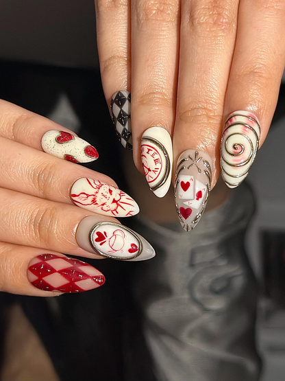 Alice Wonderland Easter Press On Nails Playing Card Heart Nails Red White Nails Fantasy