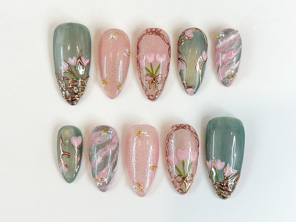 Vintage Tulip Press On Nails, Sage Green and Pink Marble Nails with Gold Rose Frame