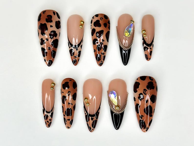 Leopard Fall Press On Nails Animal Print Nail Art Glam Rhinestone & Chain Nails Handmade Long Stiletto NailsAutumn Press Ons