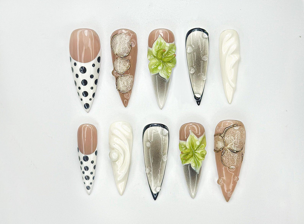 Modern Botanical Press On Nails3D Green Flower and Gold Leaf Accents Black & White Polka Dot Nails