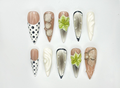 Modern Botanical Press On Nails3D Green Flower and Gold Leaf Accents Black & White Polka Dot Nails