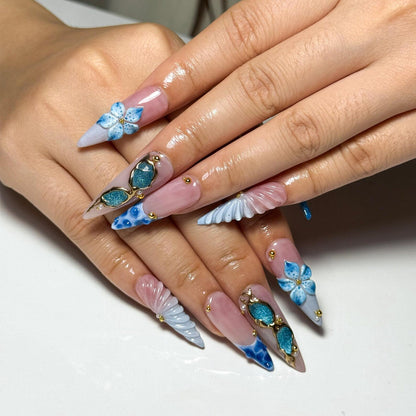 Blue Ocean Press On Nails with 3D Flower and Gold Detail Marble Coastal Nails in Almond
