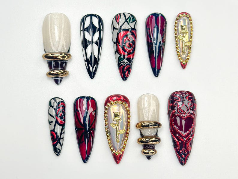 Gothic Rose Heart Press On Nails 3D Black Red Gold Nails Handmade Gothic Vampire Glam Nail Set Black Stiletto Press Ons OB775HC