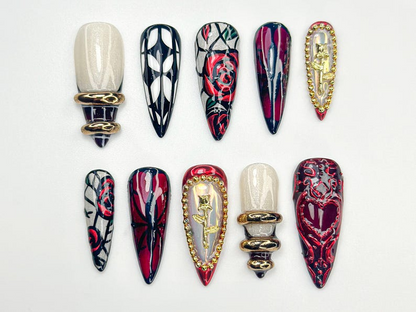 Gothic Rose Heart Press On Nails 3D Black Red Gold Nails Handmade Gothic Vampire Glam Nail Set Black Stiletto Press Ons OB775HC