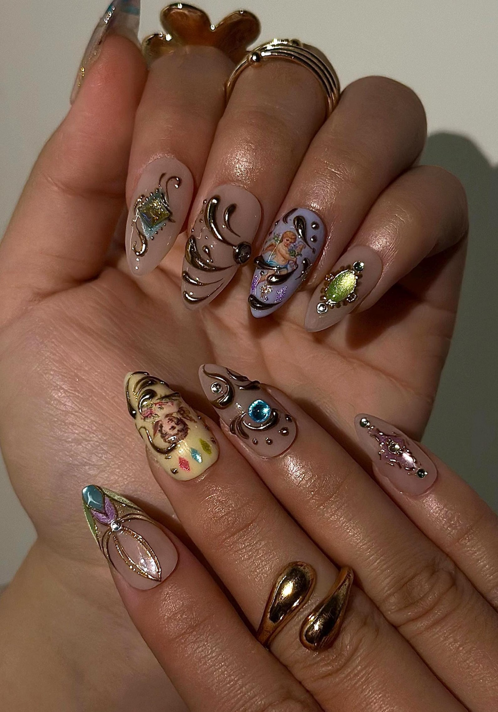 Baroque Angel Press On Nails for Vintage Lovers Angel Art Nude Nails Gold Scroll Luxury