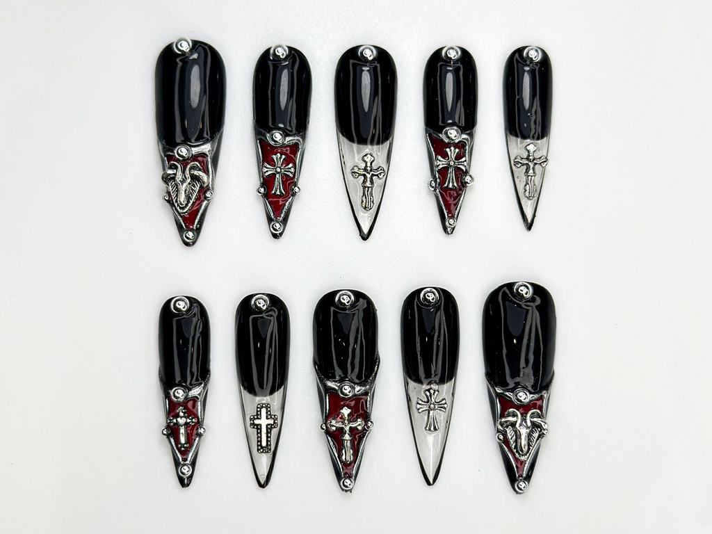 Gothic Cross Tip Press On Nails Vampire Red & Black Nails Gothic Triangle Accent Nails Religious Symbol Nails Dark Glam Nail| OC865H