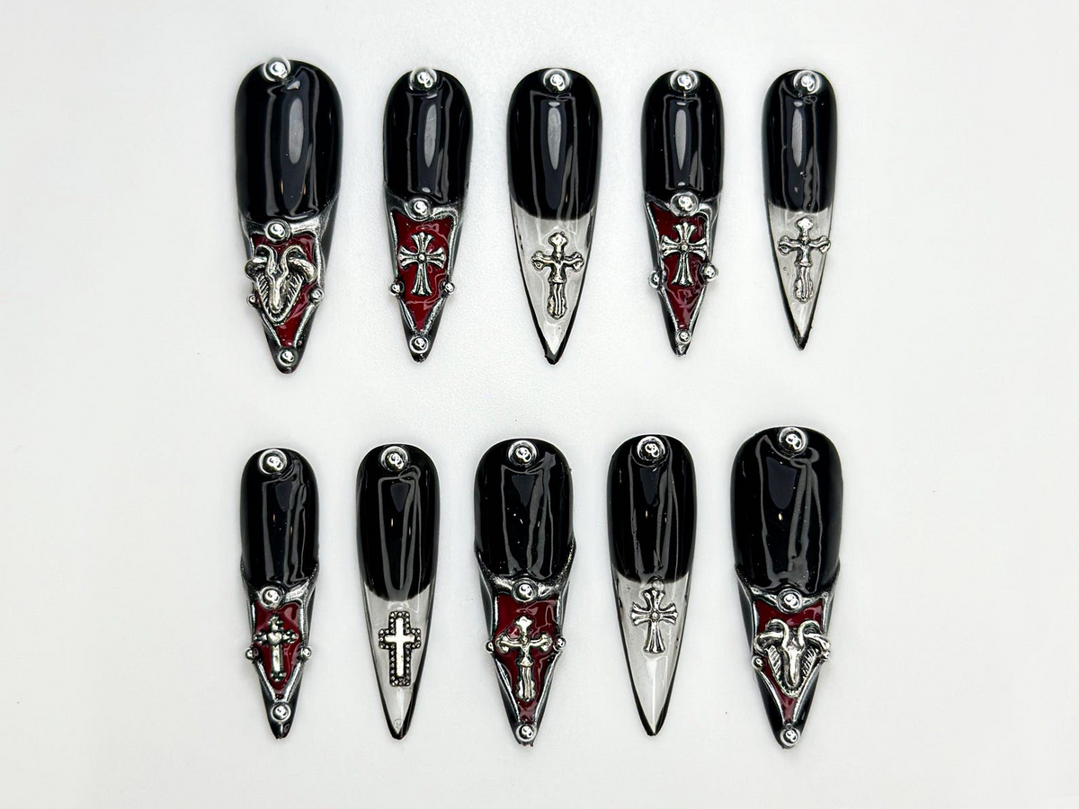 Gothic Cross Tip Press On Nails Vampire Red & Black Nails Gothic Triangle Accent Nails Religious Symbol Nails Dark Glam Nail| OC865H