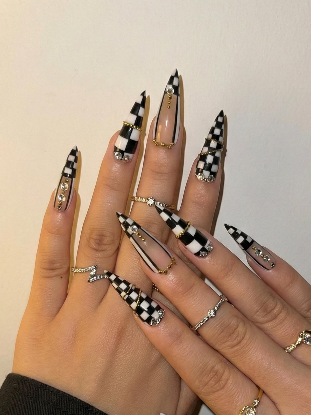 Black & White Gothic Press On Nails Luxury Girl Stiletto Nail Art Gold Accent Checker
