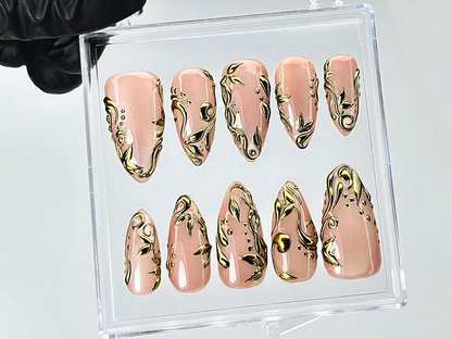 Nude Gold Leaf Press On Nails Elegant Baroque Swirl Fake Nails Metallic Accent Luxury Nail Art Gold Foil Nude Press Ons OB898YC