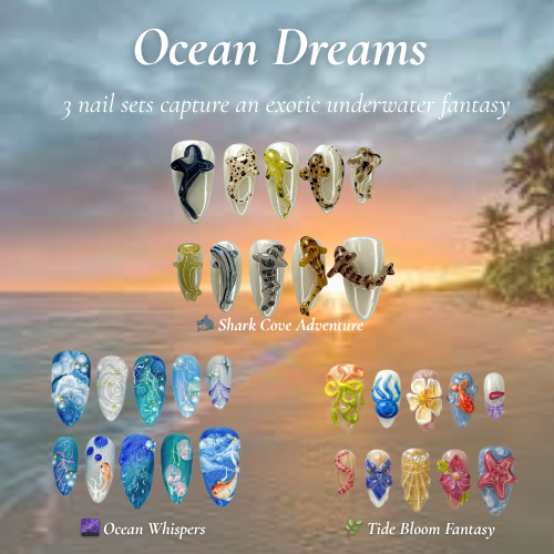 Ocean Dreams Nail Bundle 3 Sea-Inspired Press On Nail Sets Mermaid, Coral & Shark Vibes