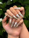 Ethereal Floral Press On Nails, Pearl Chrome Stiletto Nails, 3D White Flower Nails, Luxury