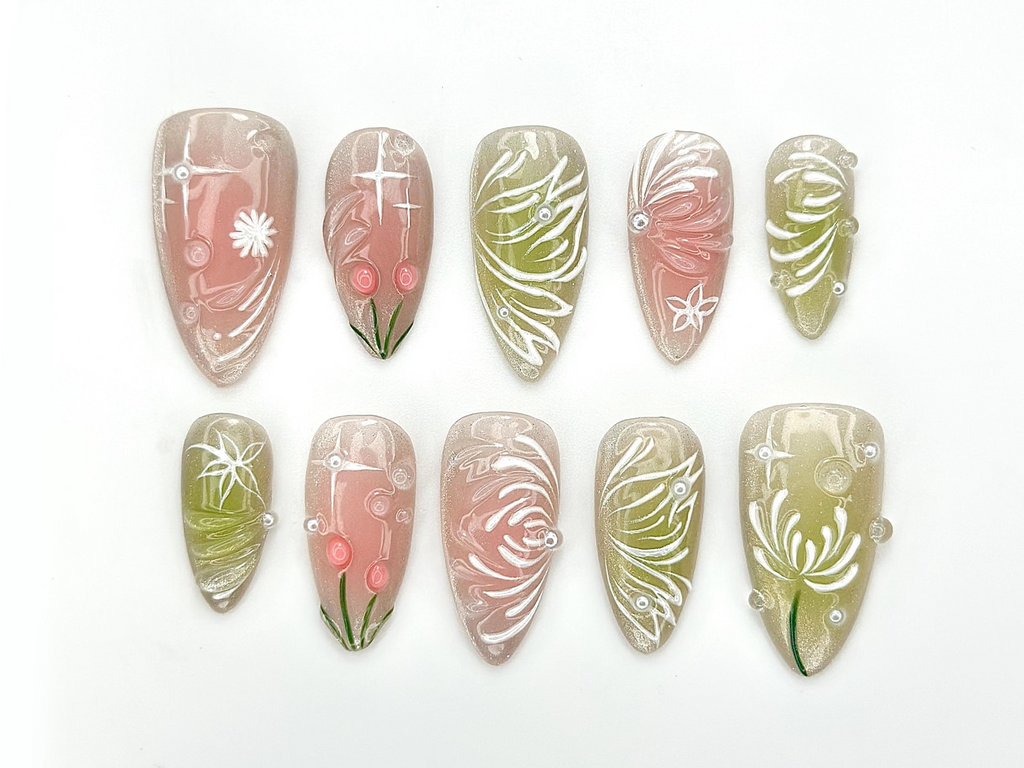 Dewdrop Meadow Press On Nails Pastel Green & Pink Shimmer Hand-Painted Floral Line Art and Crystal Accents