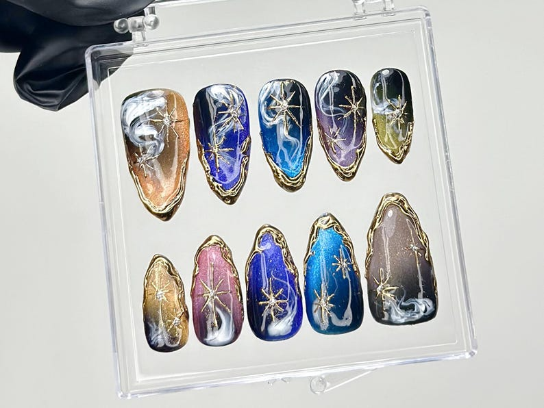 Galaxy Star Press On Nails Cosmic Nail Set with Gold Stars Fake Nails Starry Night Nail Art Galaxy Blue Nails Luxury Nails OB916YC