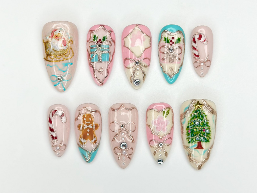 Pink Pastel Christmas Press On Nails Pastel Gingerbread & Candy Cane Nails Pink Christmas Press Ons Cute Festive Design