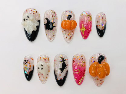 Spooky Halloween Ghost - Pumpkin Press-On Nails 3D Nail Art for Halloween Party Glitter Press-On Nails with Witch - Star Accents