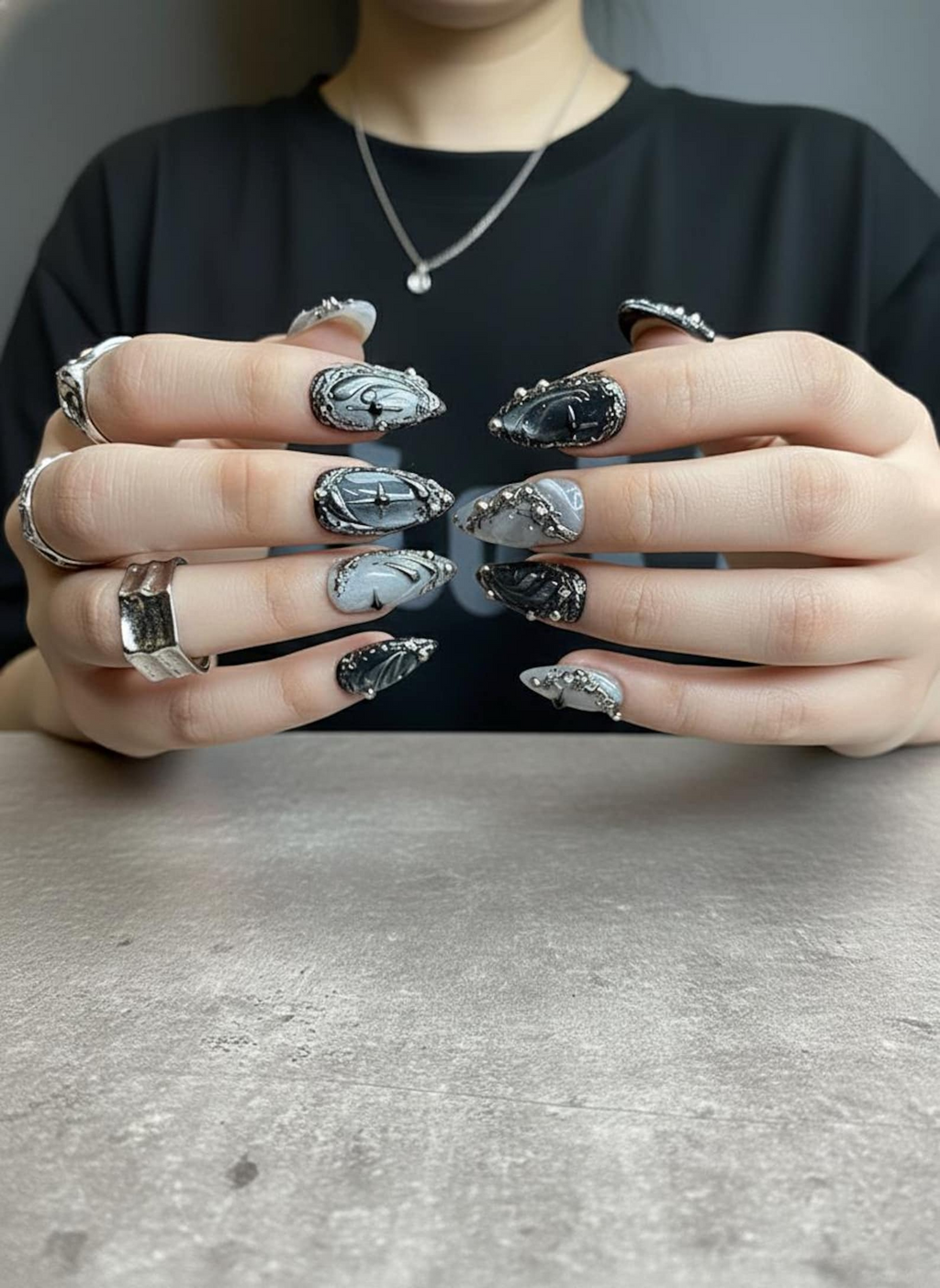 Silver Gothic Press On Nails Black Chrome Metallic Nail Art Handmade Dark Luxury Press Ons