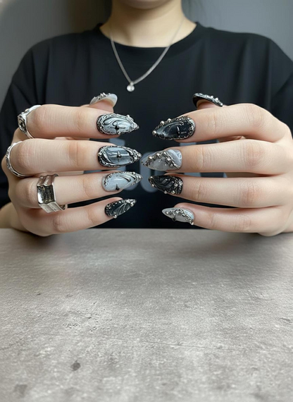 Silver Gothic Press On Nails Black Chrome Metallic Nail Art Handmade Dark Luxury Press Ons