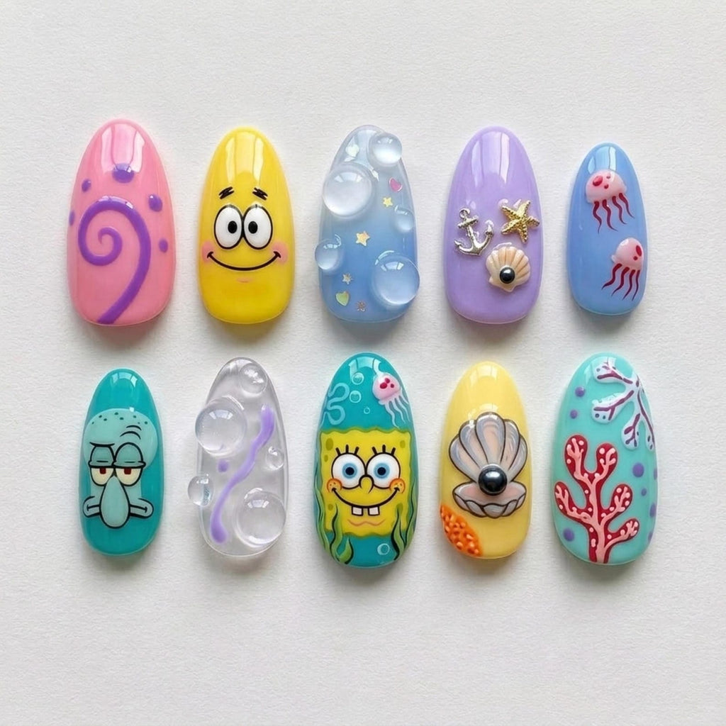 SpongeBob Press On Nails Summer Handpainted Cartoon Patrick Star Squidward Custom Fake