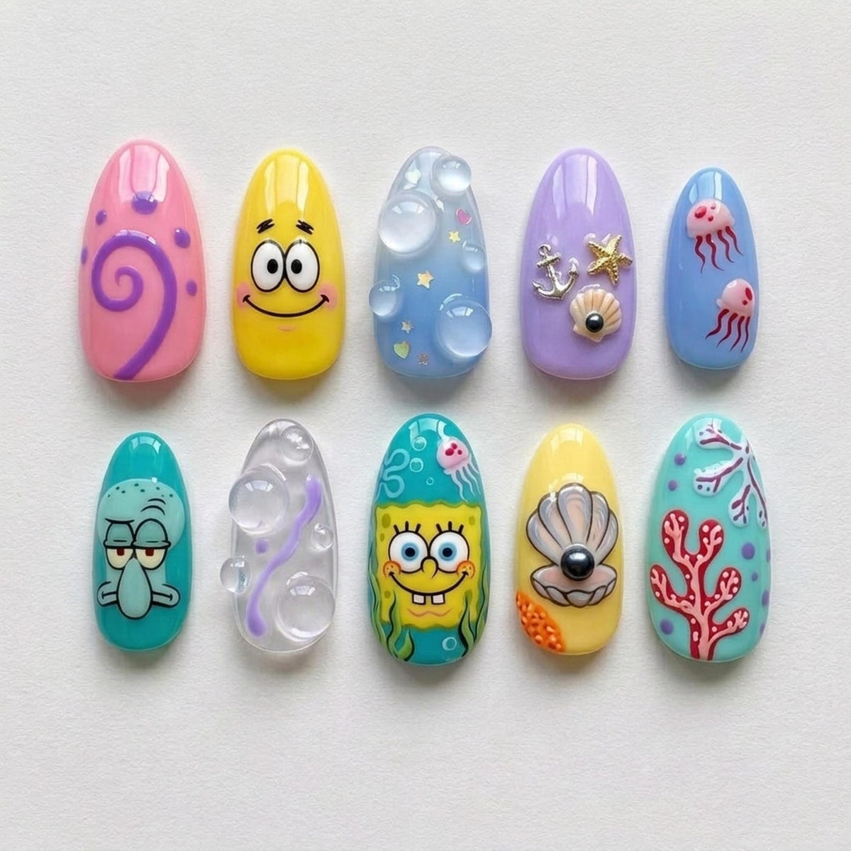 SpongeBob Press On Nails Summer Handpainted Cartoon Patrick Star Squidward Custom Fake