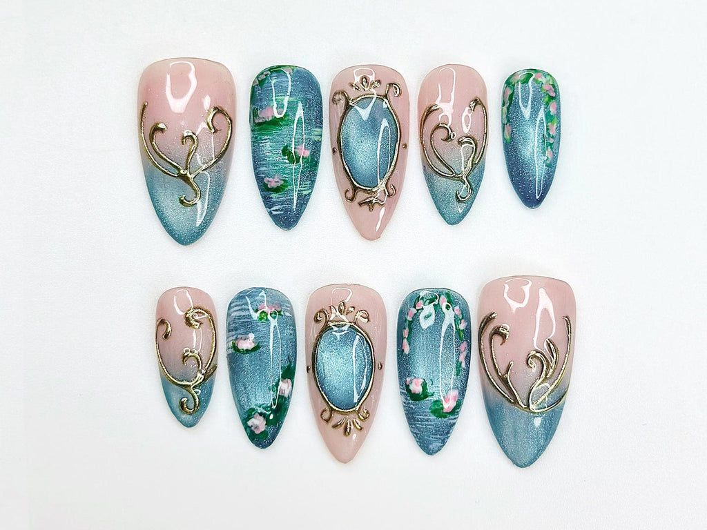 Teal Cat Eye Press On Nails Elegant Vintage Nail Art Ocean Marble Luxury Nails Floral Blue
