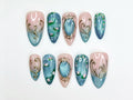 Teal Cat Eye Press On Nails Elegant Vintage Nail Art Ocean Marble Luxury Nails Floral Blue