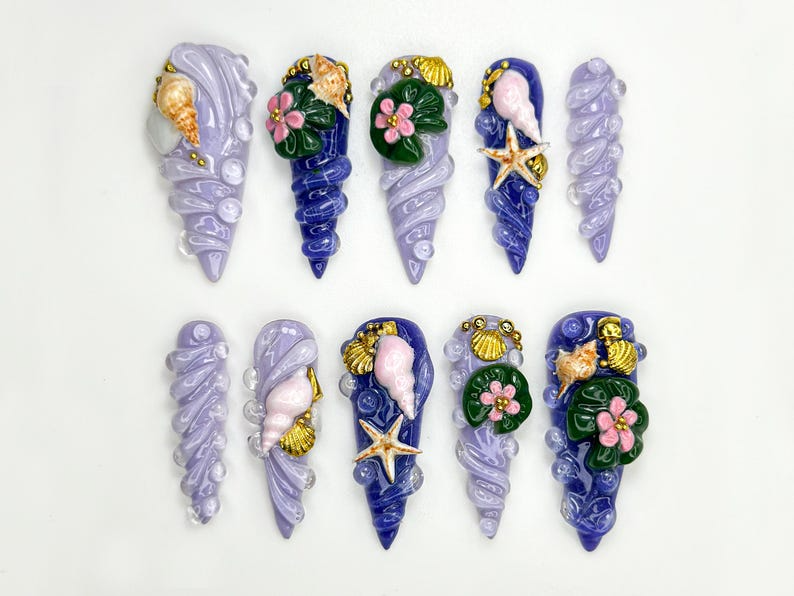 Mermaid Shell Spiral Press On Nails Ocean-Inspired 3D Nail Art Seashell Starfish Lilac Nails Fairycore Beach Nail Set OB861H