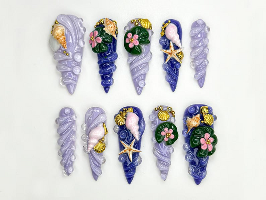 Mermaid Shell Spiral Press On Nails Ocean-Inspired 3D Nail Art Seashell Starfish Lilac Nails Fairycore Beach Nail Set OB861H
