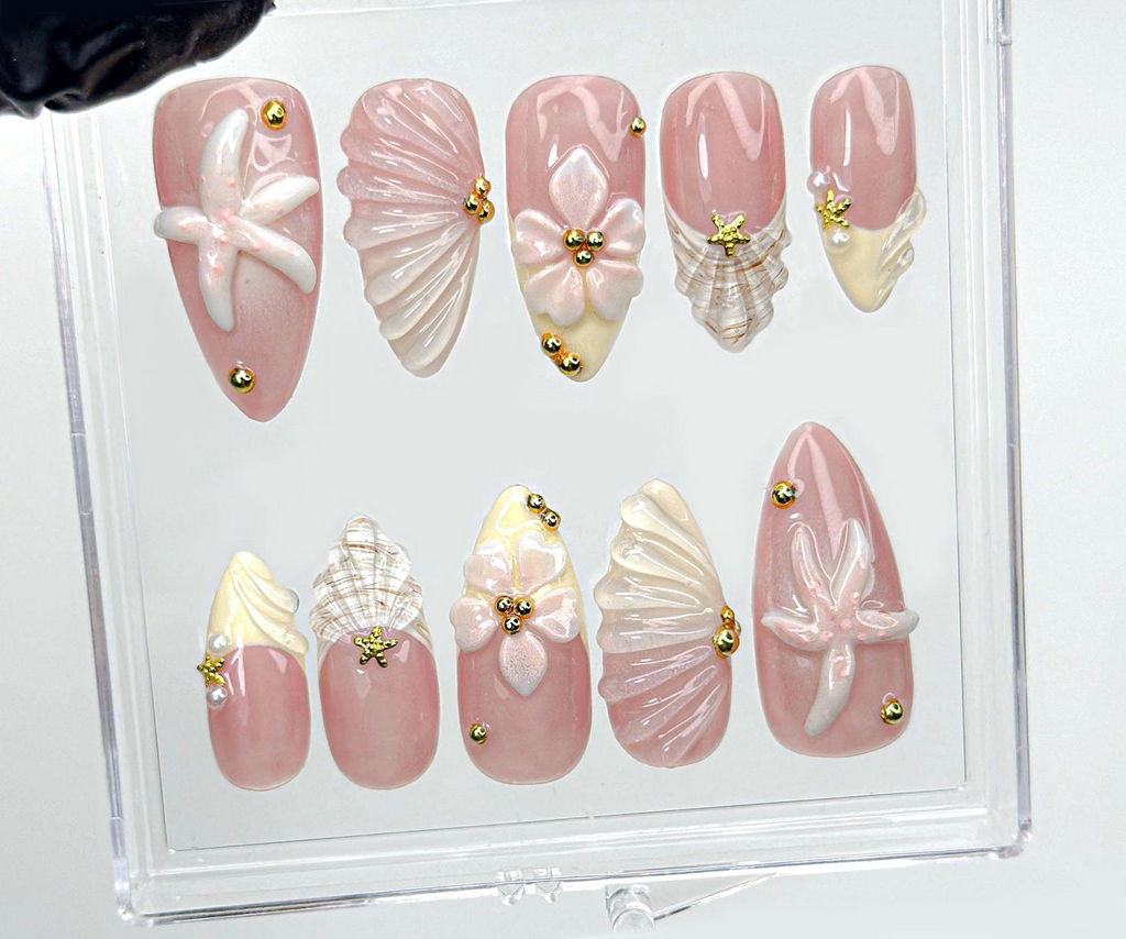 Soft Nude Seashell 3D Press On Nails Starfish, Shell & Floral Nail Art Handmade Pastel Nude Beach Nails