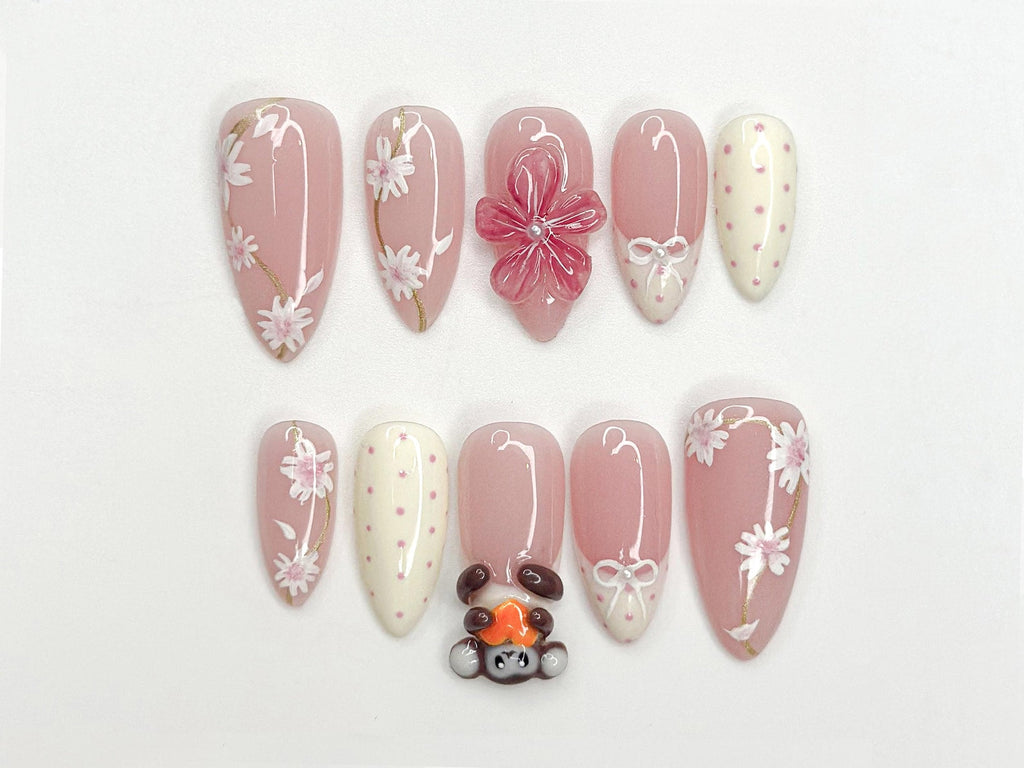 Soft Pink Mokey Press On Nails Cute Bow & Daisy Nail Art Kawaii Nails Elegant Spring
