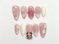 Soft Pink Mokey Press On Nails Cute Bow & Daisy Nail Art Kawaii Nails Elegant Spring