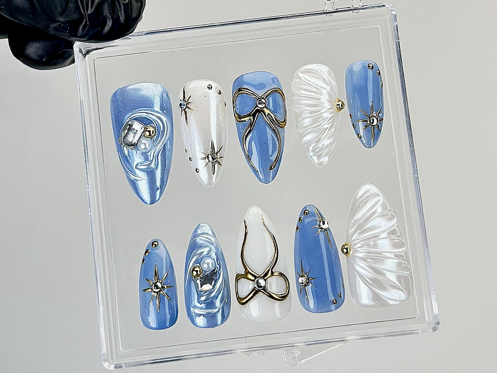 Blue Pearl Star Press On Nails 3D Bow & Star Design Fake Nails 3D Bow Star Nail Art Handmade Artistic Press OnsLuxury Nails