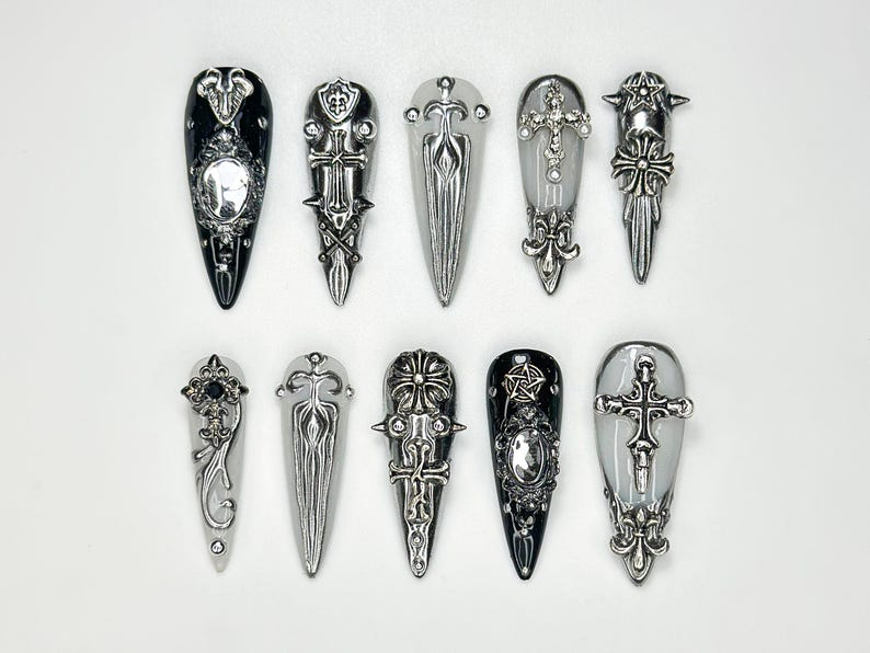 Gothic Silver Sword Press On Nails 3D Cross & Dagger Nail Art Handmade Dark Fantasy Nails Medieval Armor Inspired Press Ons