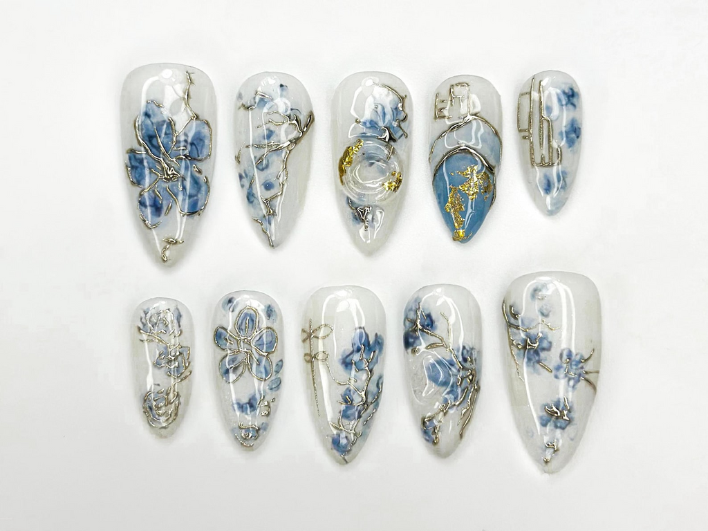 Blue Bloom Elegant Press On Nails Chinese Luxury Floral Nails Gold Wire Stiletto Nails
