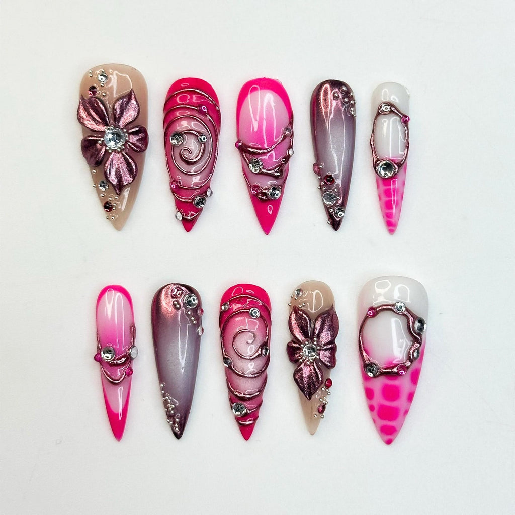 Hot Pink Press On Nails, Luxury Cyber Gyaru Stiletto Nails, 3D Chrome Flower Metallic Fake