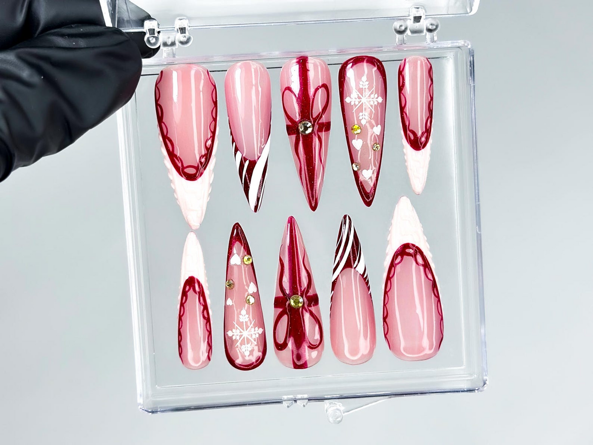 Elegant Burgundy Christmas Press On Nails Glossy Christmas Nail Art| Winter Holiday Nail Art Glossy Stiletto Press Ons