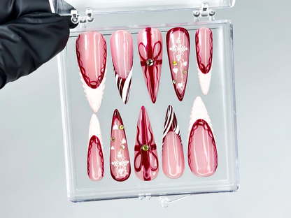 Elegant Burgundy Christmas Press On Nails Glossy Christmas Nail Art| Winter Holiday Nail Art Glossy Stiletto Press Ons