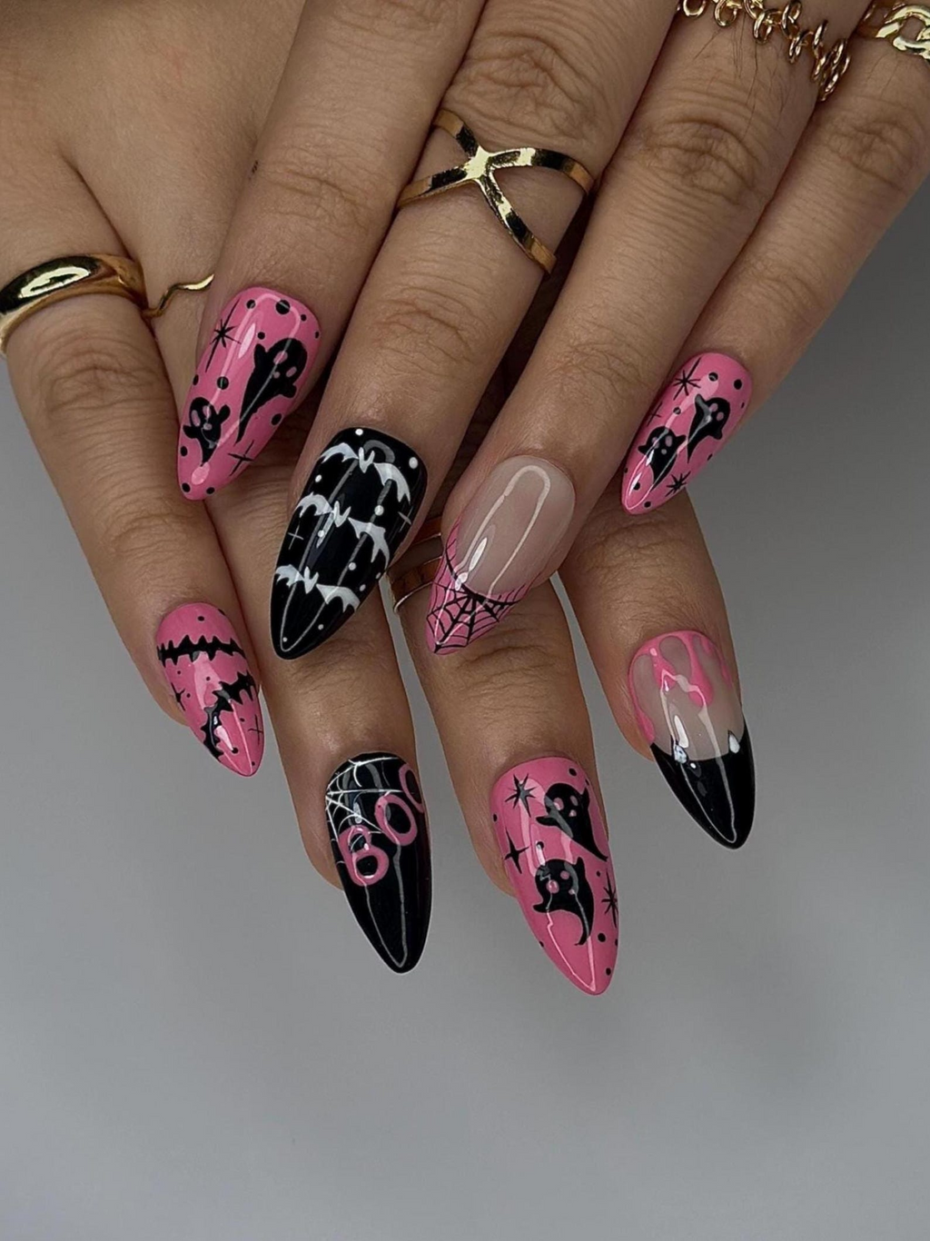 Pink Spooky Ghost Press On Nails Cute Halloween Nail Art Black & Pink Spiderweb NailGirly Gothic Press OnsCreepy Cute Nail
