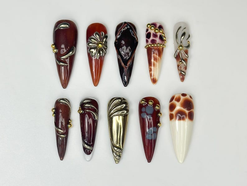 Autumn Luxe Press On Nails, Dark Red & Metallic Gold Nail Art, Handmade Gothic Glam Nails