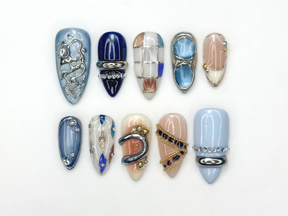 Luxury Blue Silver Press On Nails Nude Gilded Ring Nail Art Nude & Steel Statement Nails