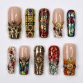 Handmade Baroque 3D Press-On Nails, Stained Glass Vitreaux Design, Long Square Gothic Fake