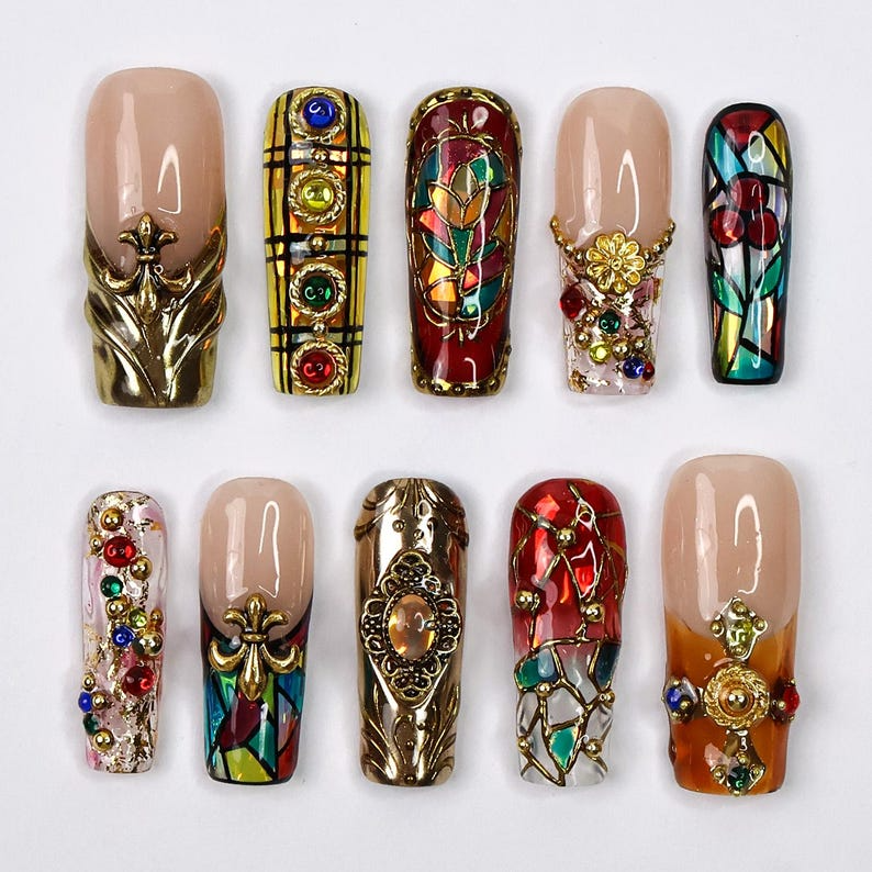 Handmade Baroque 3D Press-On Nails, Stained Glass Vitreaux Design, Long Square Gothic Fake