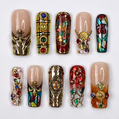 Handmade Baroque 3D Press-On Nails, Stained Glass Vitreaux Design, Long Square Gothic Fake