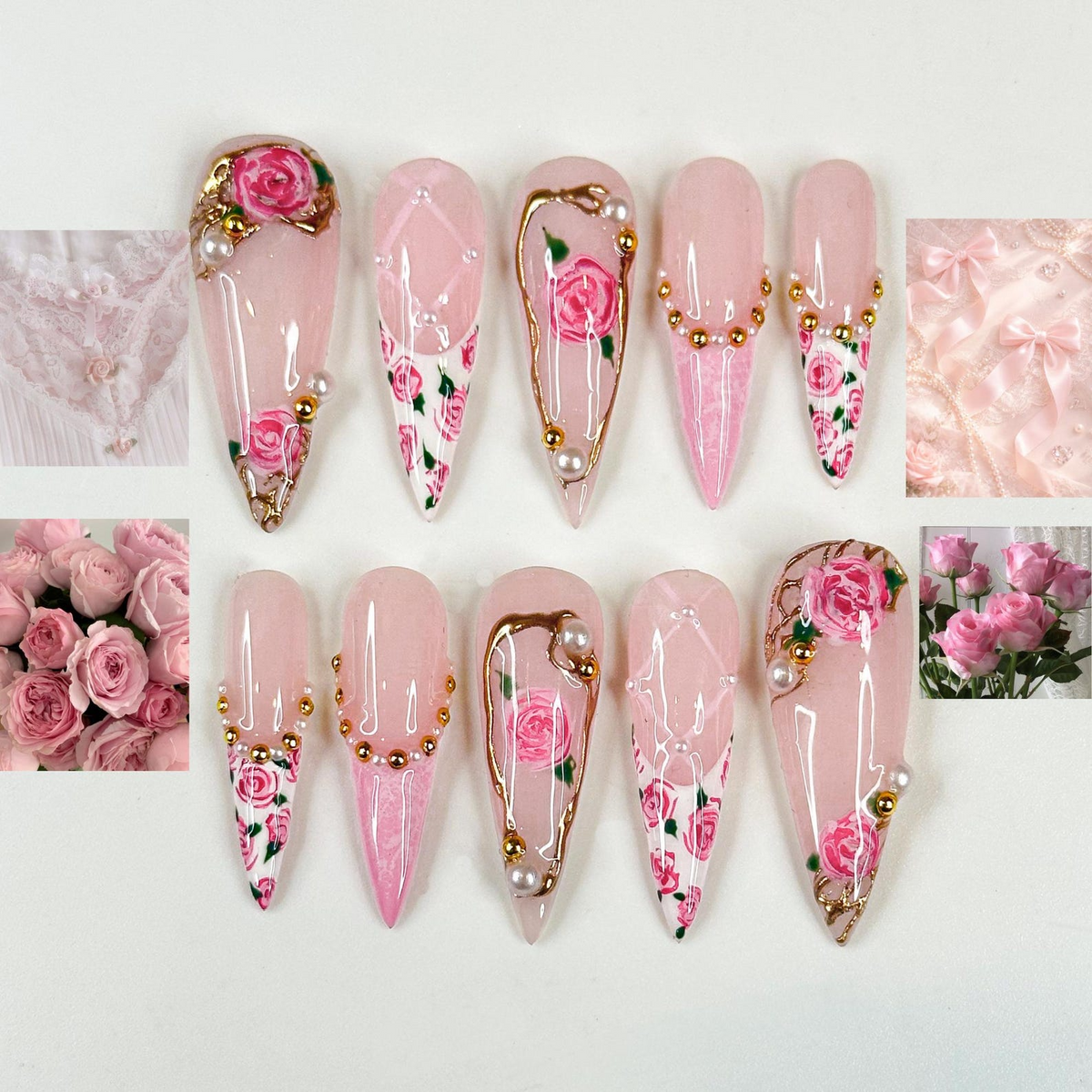 Pink Rose Press On Nails for Bridal Handmade Rose Flower Nails with Pearls Elegant Wedding