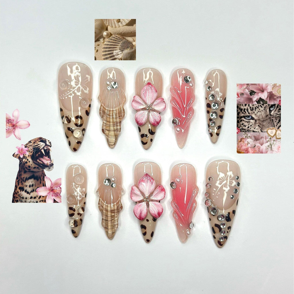 3D Hibiscus Flower & Tropical Muse Nails, Ethereal Goddess Press Ons, Luxury Seashell